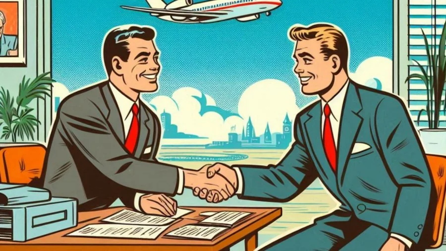 cartoon drawning of 2 man making a deal