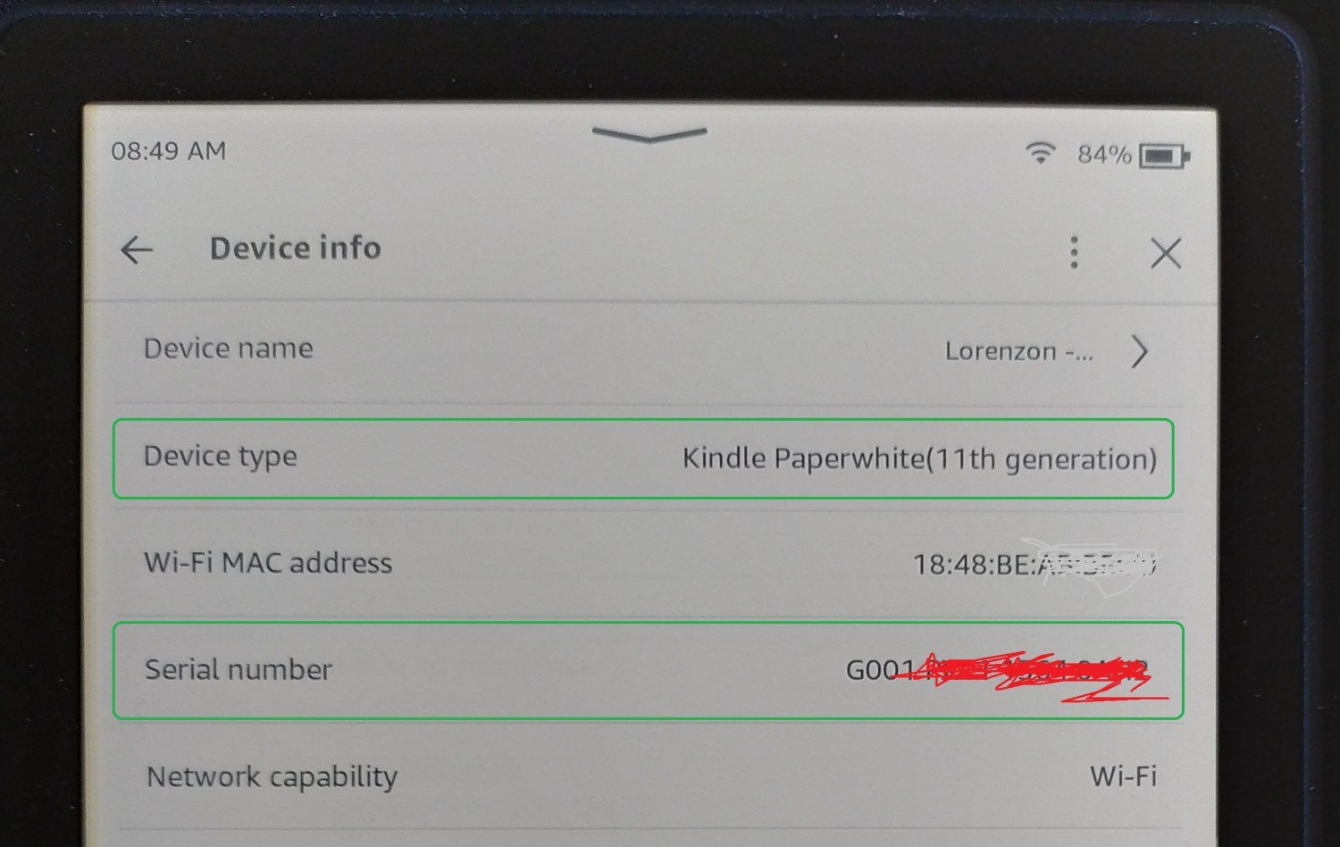 kindle serial number