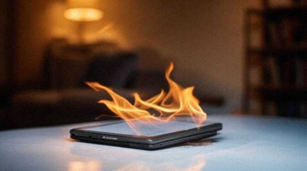 burning kindle e-reader on a table