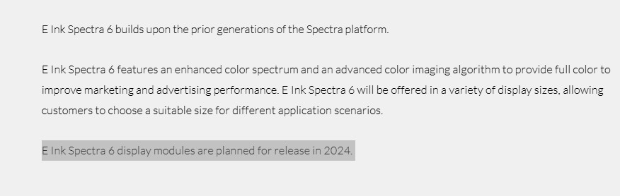 E Ink Spectra 6 color e ink screen display