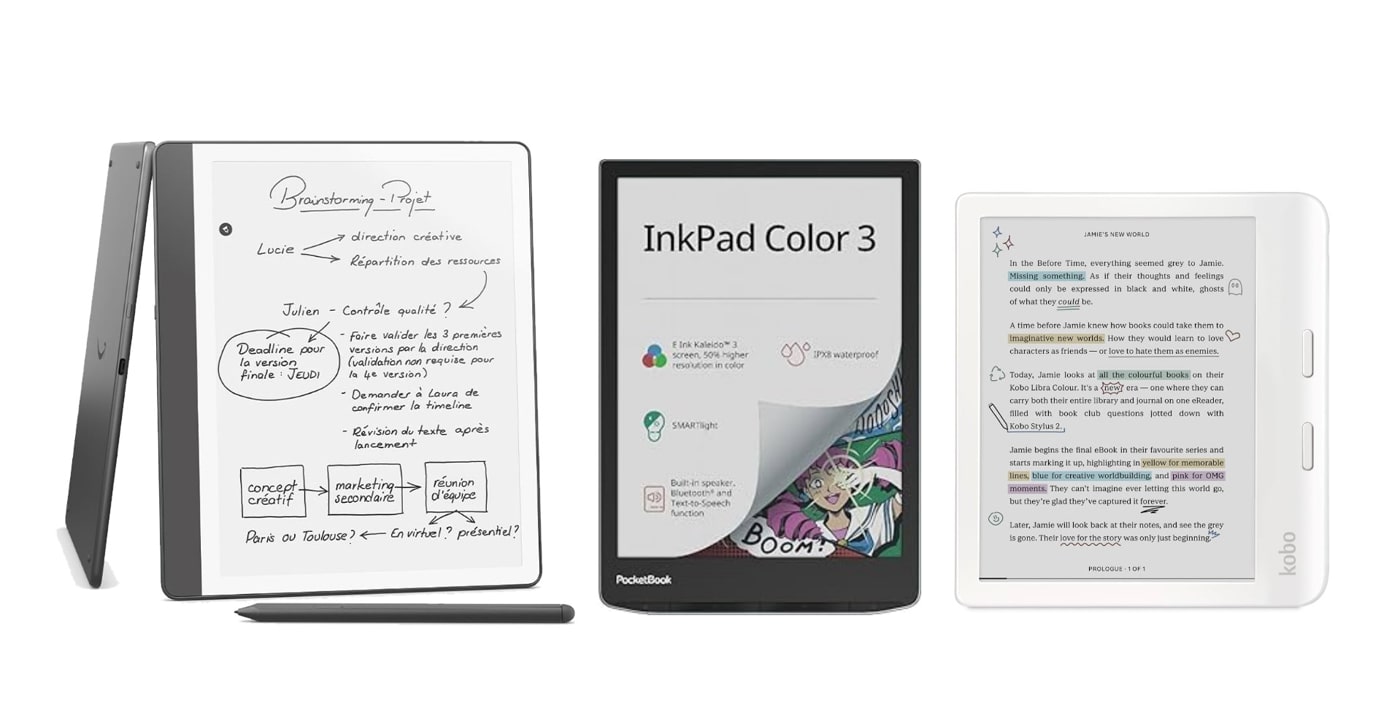 best large screen e-reader: kindle scribe, kobo libra colour, pocketbook inkpad color 3