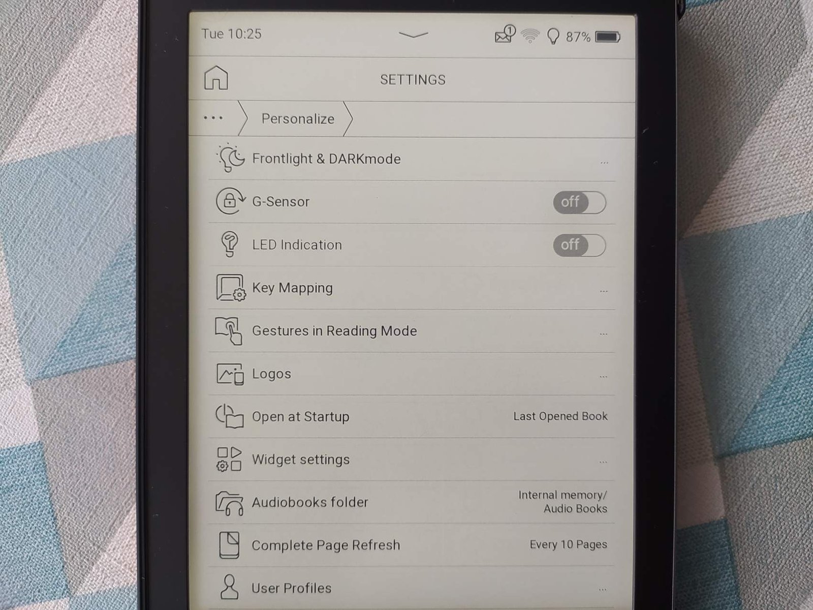 pocketbook touchscreen settings