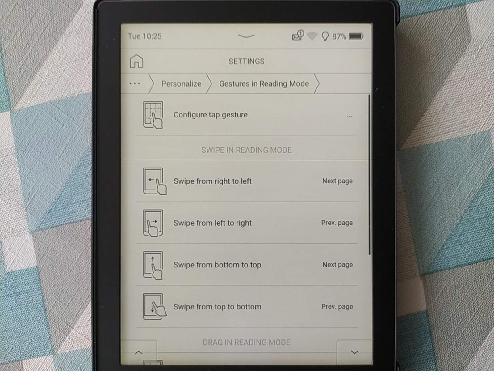 pocketbook touchscreen settings